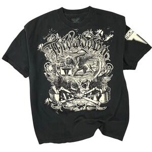 Throwdown MMA Graphic T-Shirt Mens XL Faded Black Skull Winged Lion Y2K Style